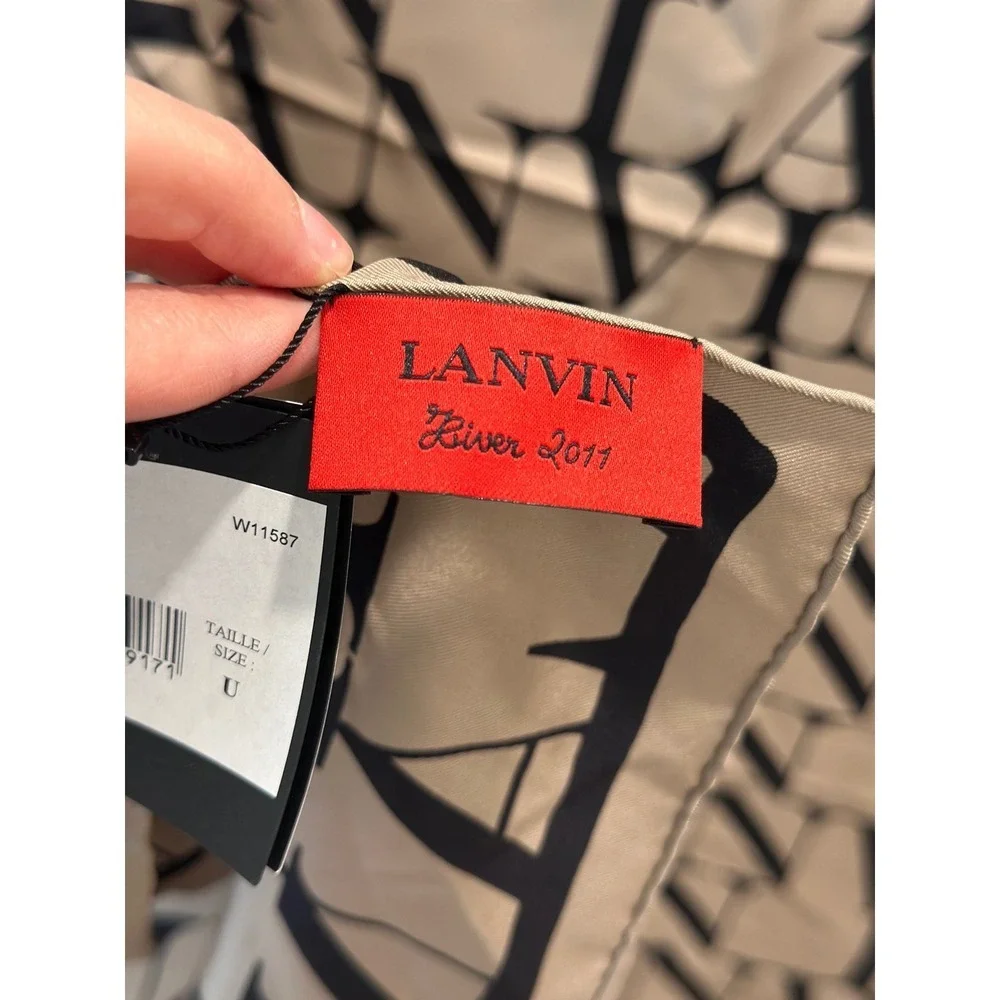 Lanvin Paris Silk Foulard Scarf Logo Print Beige Black W090151421P5B NWT